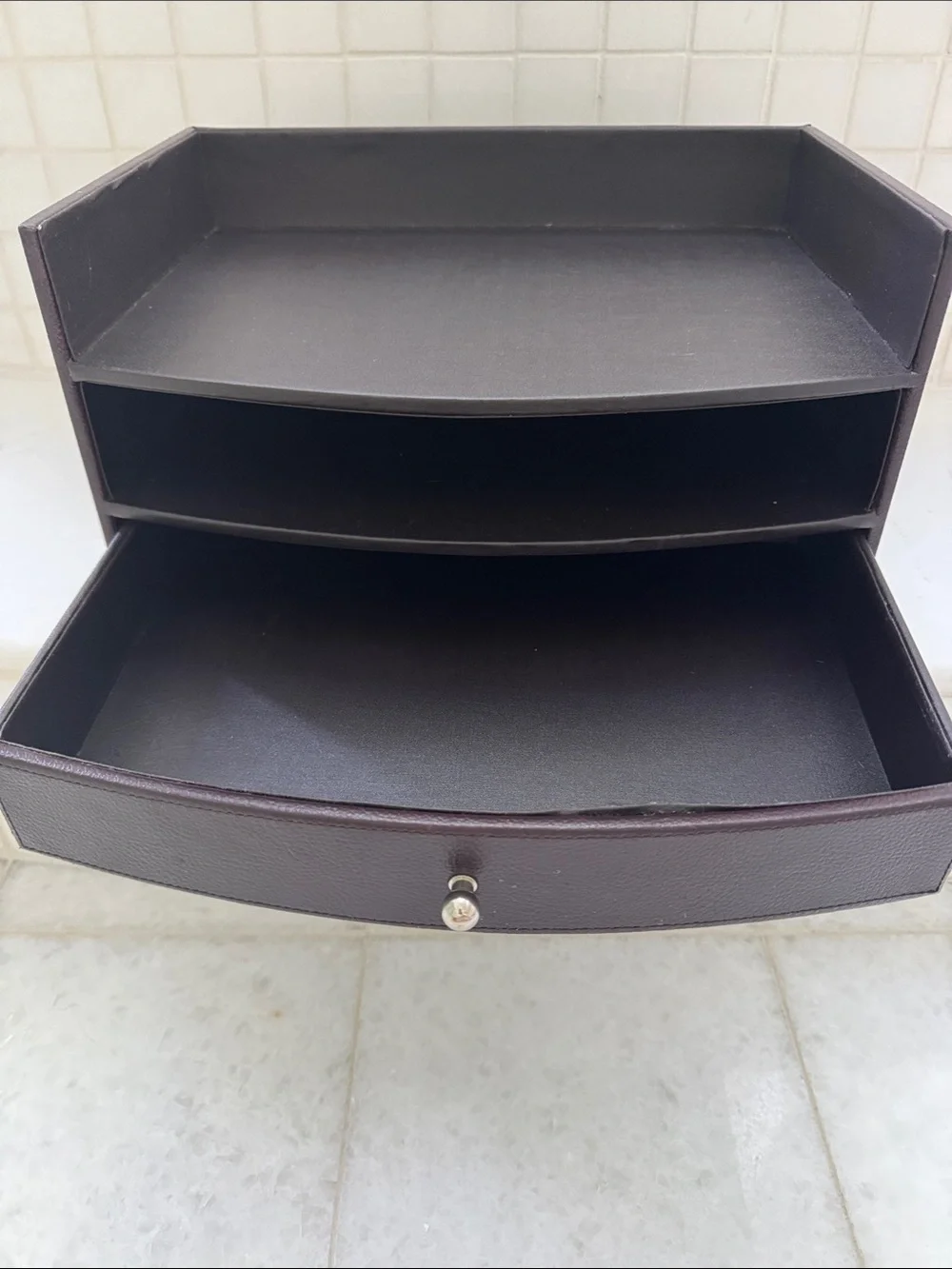 Brown Leather-Textured Bathroom Organizer with Drawer